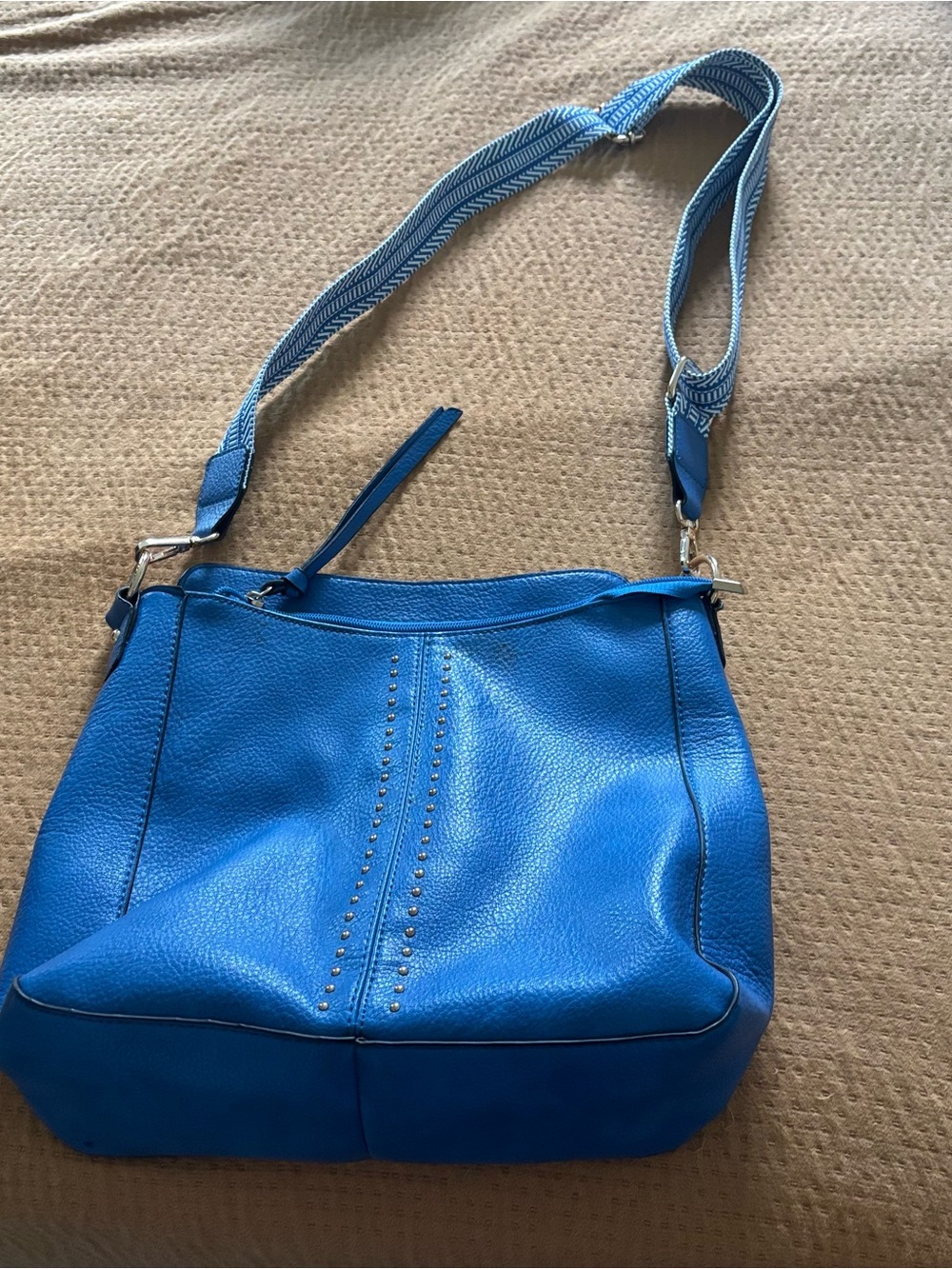 Montana West Blue Pebbled Leather Shoulder Bag with Stud Accents